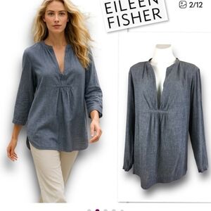 Eileen Fisher Woman's Grey Blue Linen Blouse
